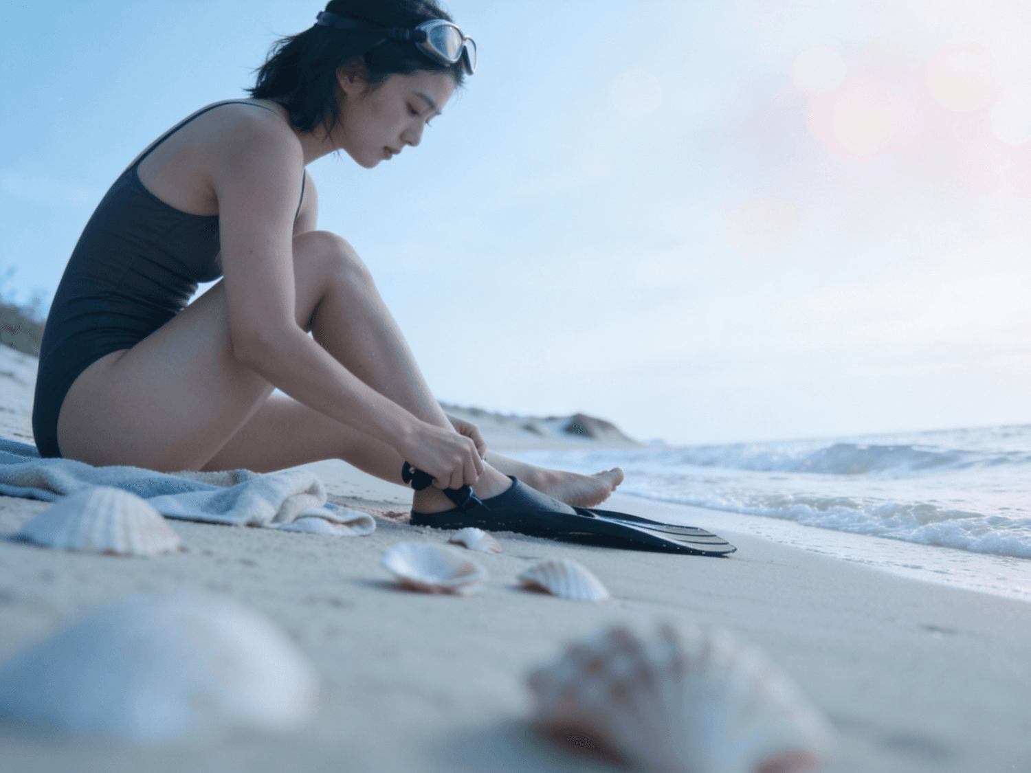 A swimmer sitting on the sand pulling on her fins before an open-water session
